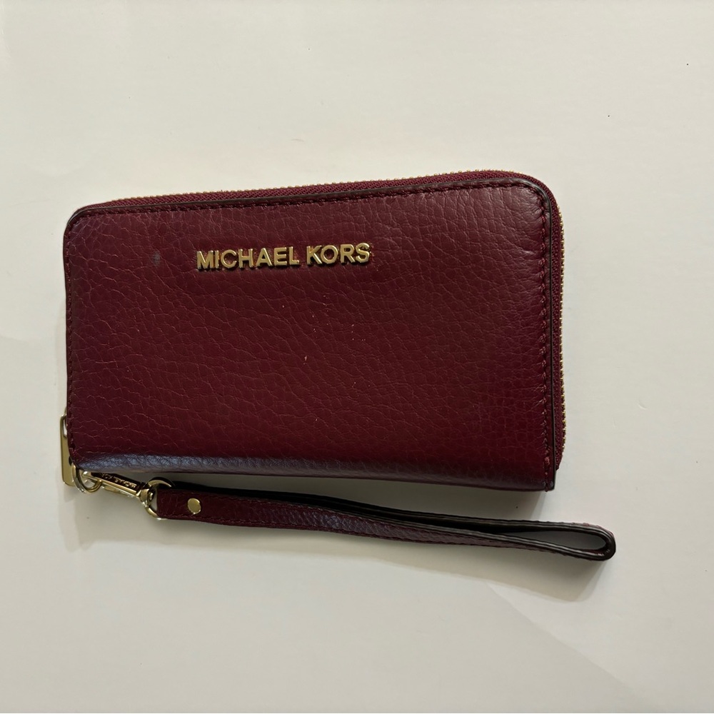 Michael Kors Burgundy Leather Zip-Around Wristlet/Wallet
